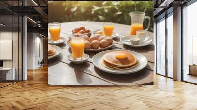 Summer outdoor breakfast table on patio. There is pancake egg orange juice coffee tea etc.
 Wall mural