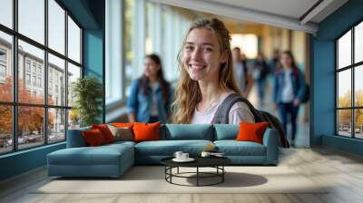 Sweet high school girl with a backpack, smiling and relaxed in a vibrant school corridor.






 Wall mural