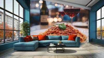 traditional spaghetti and glass of wine, at Italian street restaurant
 Wall mural