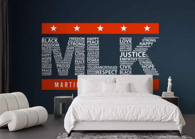 Typography design with words on the text MLK in American Flag colors on an isolated gradient background Wall mural