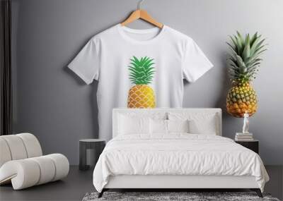 White cotton t-shirt with a vibrant and eye-catching pineapple design printed on the front.
 Wall mural