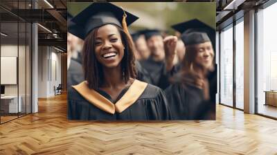 young black woman in cap and gown laughing, with a crowd of graduates in the background 
 Wall mural