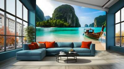 boat on beach and mountains gernated ai  Wall mural