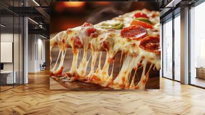 pizza with salami and cheese on wooden table Wall mural