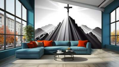 Christian cross symbol on top mountain with sunbeam Silhouettes design Wall mural