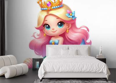 cute Mermaid with crown vector-style 3d cartoon illustration isolated on white background Wall mural