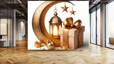 eid ramadan Gift box lantern lamp gold crescent moon decoration islamic 3d design background Wall mural