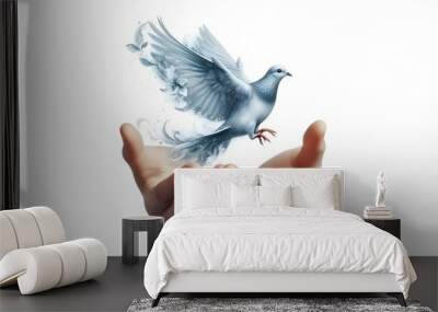 hand release flying white dove illustration design isolated on white background Wall mural