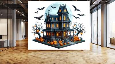 Haunted Halloween  spooky ghost house light glowing design isolated on white background Wall mural