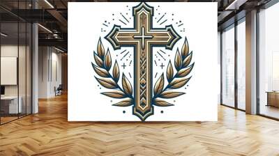 vector-style Christian cross illustration with leaf isolated on white background Wall mural