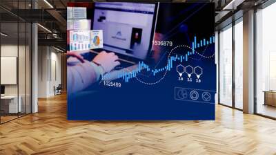 A businessman utilizes a tablet to analyze sales data, financial reports, and business growth graphs, focusing on digital marketing planning, strategy, financial reports, and investment concepts. Wall mural