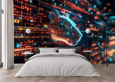 A digital rendering of a tiger's head made of binary code and glowing with vibrant colors. Wall mural