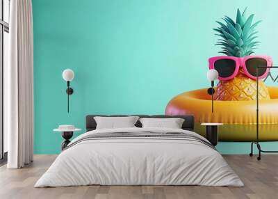 A pineapple wearing sunglasses floats in a yellow pool ring against a turquoise background. Wall mural