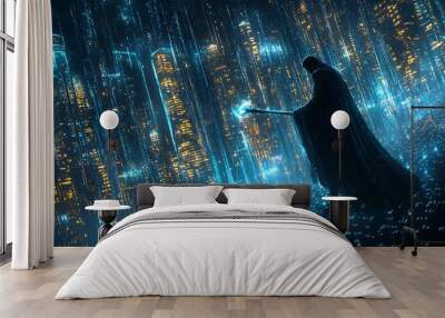 Grim Reaper stands in front of a futuristic cityscape, holding a glowing orb. Wall mural