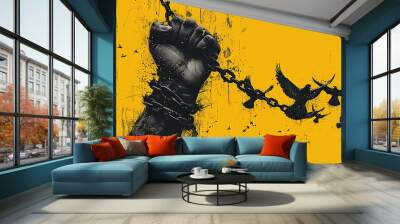 hand breaking free from chains. Chain turns to birds. 3D Rendering Wall mural