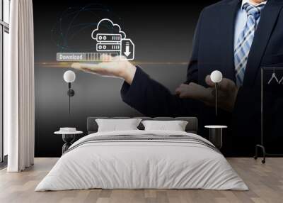 man downloading computer files or installing softwarecloud storage technology, data backup, cyber securit Wall mural