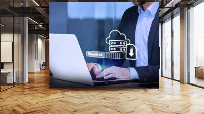 man downloading computer files or installing softwarecloud storage technology, data backup, cyber securit Wall mural