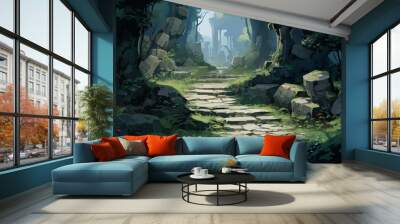 painting illustration forest spring waterfall nature green fantasy 2d render loop Wall mural