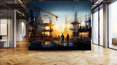 Silhouette of engineer and construction team working at site over blurred background for industry background with Light fair. Wall mural