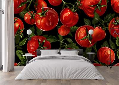 Tomatoes seamless pattern on a black background. Red ripe tomatoes with a green stem. Great for menus, labels, packaging. Wall mural