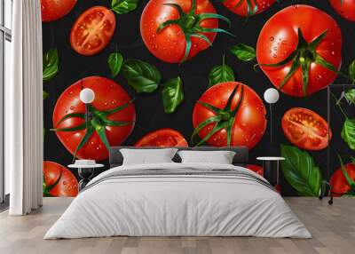 Tomatoes seamless pattern on a black background. Red ripe tomatoes with a green stem. Great for menus, labels, packaging. Wall mural