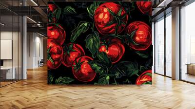 Tomatoes seamless pattern on a black background. Red ripe tomatoes with a green stem. Great for menus, labels, packaging. Wall mural