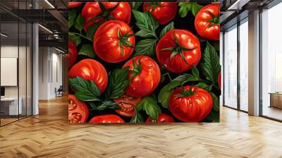 Tomatoes seamless pattern on a black background. Red ripe tomatoes with a green stem. Great for menus, labels, packaging. Wall mural