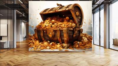 treasure chest with gold coins ,Open treasure chest filled with gold coins isolated on white background Wall mural