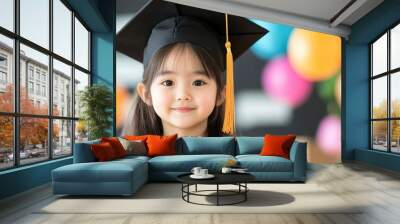 Asian young child dressed as a kindergarten graduate. Wall mural