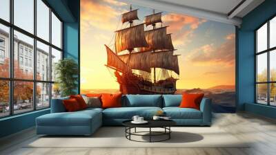 Pirate ship sailing on the ocean at sunset. Vintage cruise. Wall mural