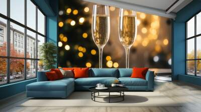 two glasses of champagne of the christmas tree Wall mural