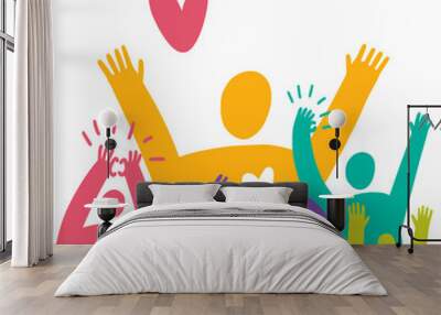 A happy group of people with their hands raised to the top rejoices. Vector drawing by hand. Wall mural