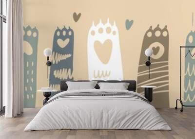 A pattern with cat paws raised up Wall mural