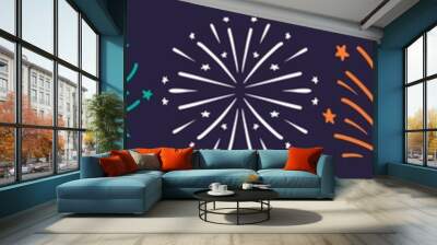 Horizontal festive illustration with fireworks hand-drawn in doodle style Wall mural