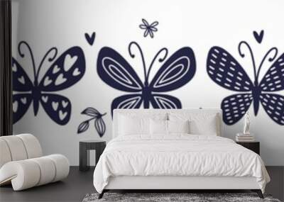 Horizontal illustration with a collection of hand-drawn butterflies Wall mural