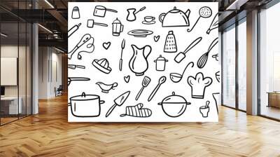 Illustration of a collection of kitchen utensils, hand-drawn in the style of a doodle Wall mural