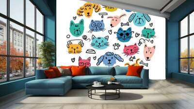 Round illustration with the faces of different cats and dogs, hand-drawn in the style of a doodle Wall mural