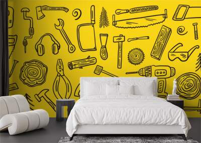 Vector collection of hand-drawn carpentry tools in doodle style Wall mural