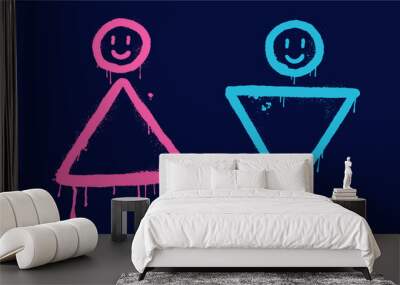 Vector illustration of toilet symbols for men and women in graffiti style, hand-drawn. Street art. Wall mural