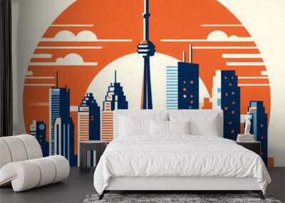 A flat vector skyline illustration of Toronto, Canada. Beautiful Canadian city with tall skyscrapers, sea view and famous buildings. Wall mural