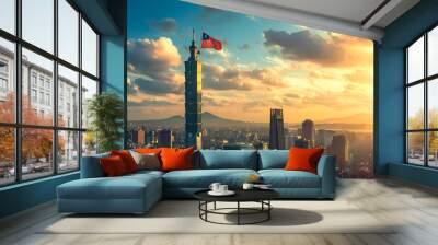 Taiwan flag waving due to wind. Taipei city in the background. Taipei is the capital city of Taiwan. Beautiful scene. Country flags concept. City skyline.	 Wall mural