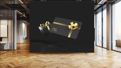 Luxury privilege gift card and a gift box with a golden ribbon for loyalty membership on a dark background. 3D rendering isolated with clipping path. Wall mural