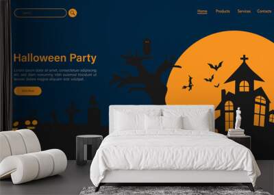 Happy halloween with night scene for landing page. Halloween with witch fly on the sky vector illustration background for presentation. Web Page for halloween. Halloween celebrate template design. Wall mural