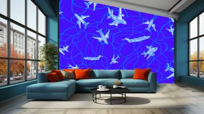 Abstract illustration featuring fantasy airplanes, clouds, sun, stars and destinations. Abstract travel or holidays blue background. Hand drawn. Wall mural