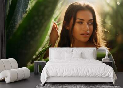 Natural Beauty Secrets: Young Woman with Aloe Vera Plant Wall mural