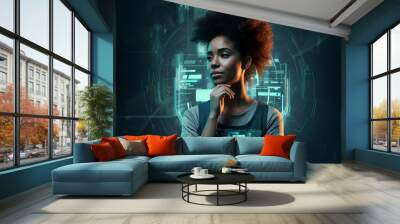 Beautiful African Woman Interacting with Digital Screen, Technology & Digital Science Background Resource Graphic Wall mural