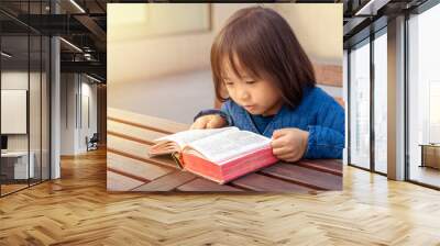 Little girl reading Chinese Bible outdoor under daylight Wall mural