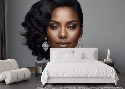 A beautiful african-american stylish middle-aged woman. Neat clean shining face, makeup. Amazing styling of black hair. Expensive diamond jewelry. Earrings and necklaces with precious stones. Wall mural