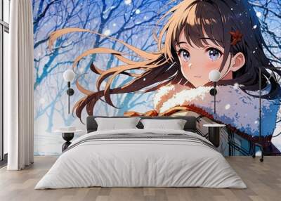 Beautiful anime girl on a winter forest background. Snow, snowflakes. Seasonal wallpaper. Wall mural