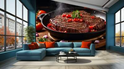 Juicy marbled beef steak with tomatoes, onions, parsley, cowberries in a frying pan. Wooden kitchen. A delicious dinner of meat and vegetables. Nutritious food. Wall mural